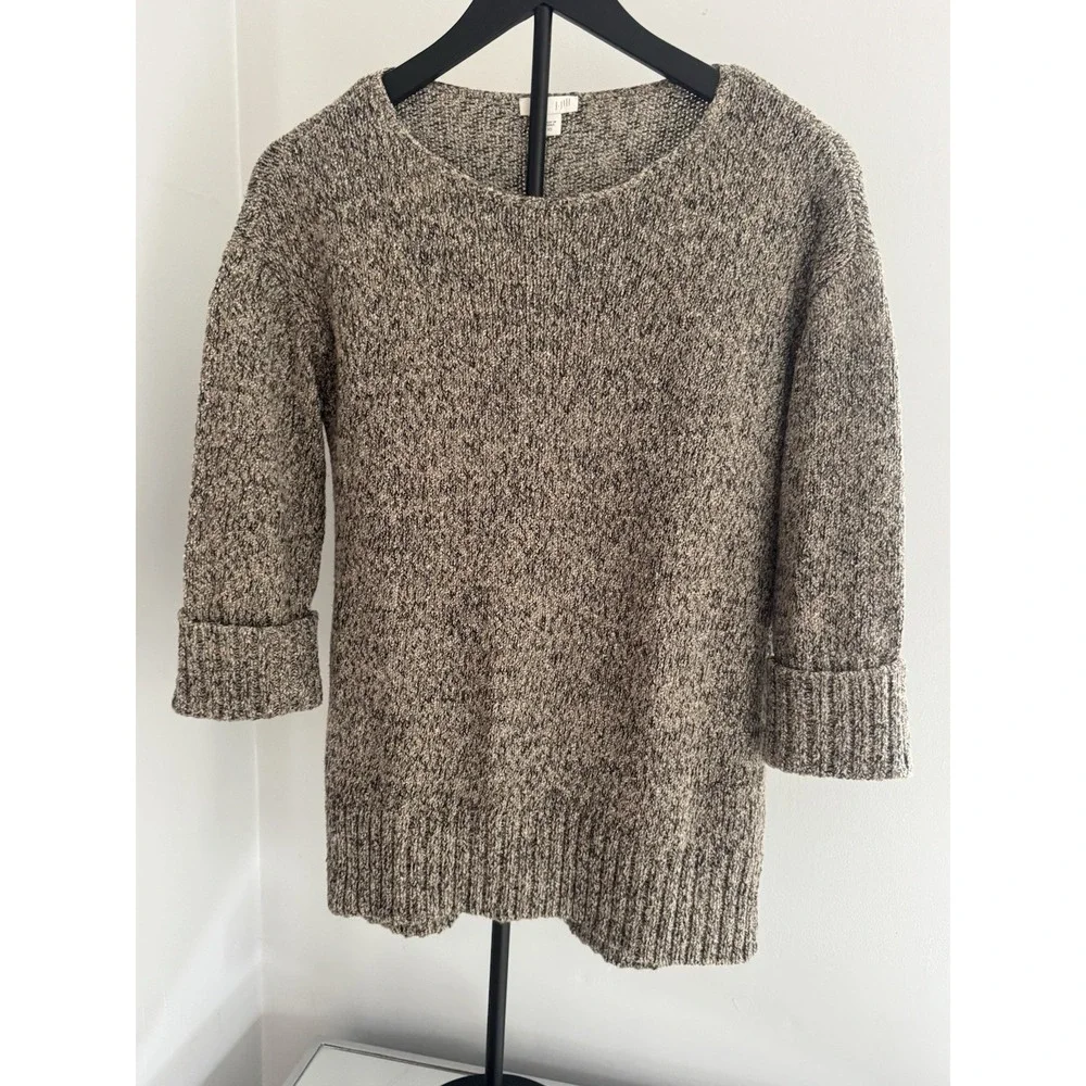 J.Jill Marled Knit Sweater XS Tan Cream Rolled Cuff Soft Cozy Casual Cottagecore